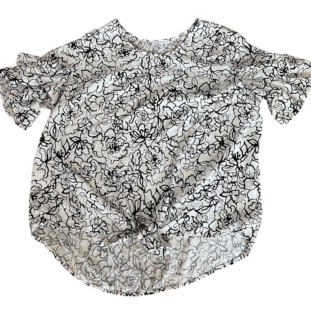 EMILY DANIELS Women's Black White Floral Print Knot Front Ruffle Sleeve Top 2X